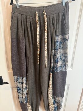 POL Gray Jogger Pants with Blue Patchwork and Floral Drawstrings